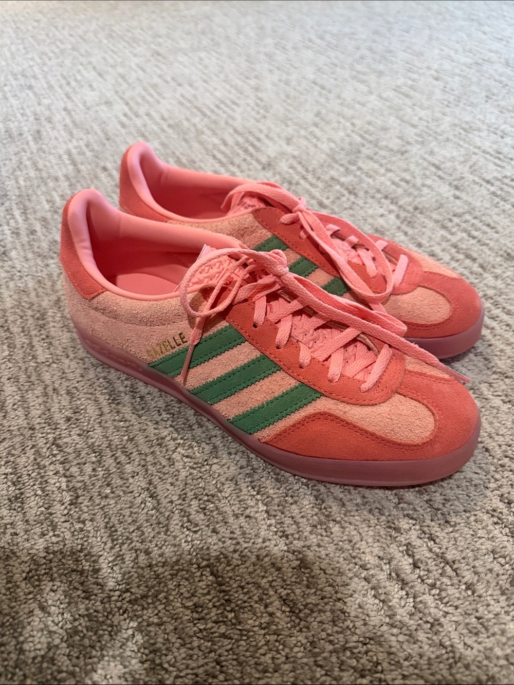 adidas Pink Suede Sneakers with Green Stripes GAZELLE
